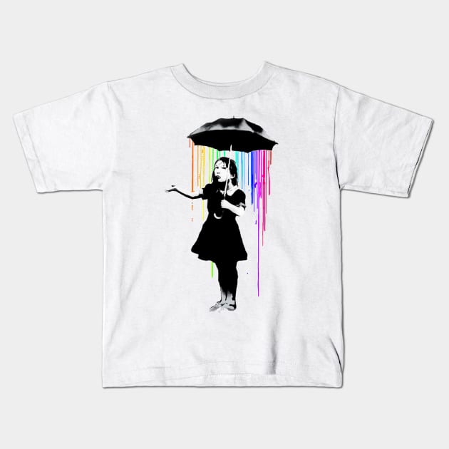 Banksy Rainbow Rain Umbrella Girl Kids T-Shirt by inkstyl